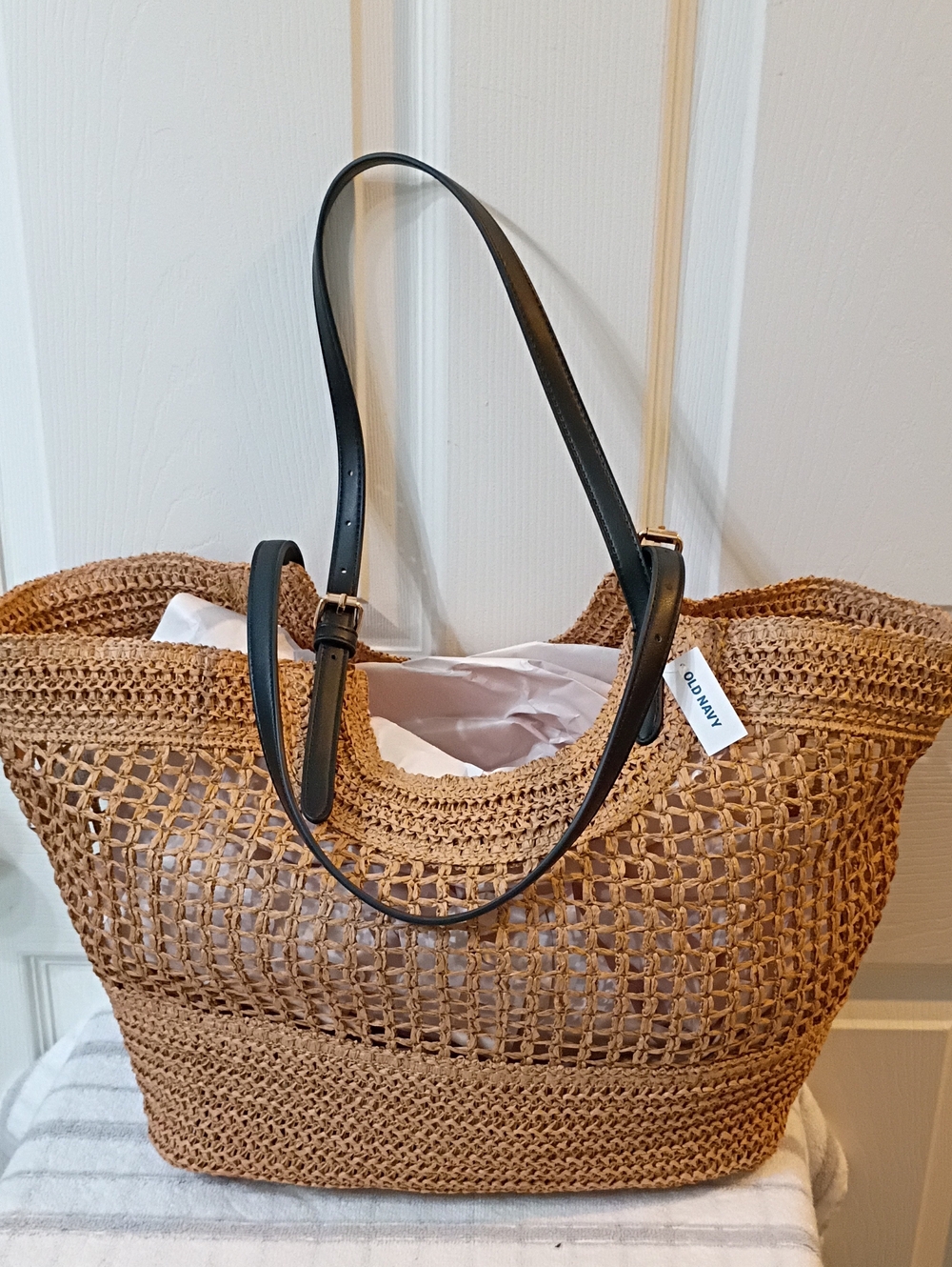 Old Navy Brown Woven Tote with Black Shoulder Straps